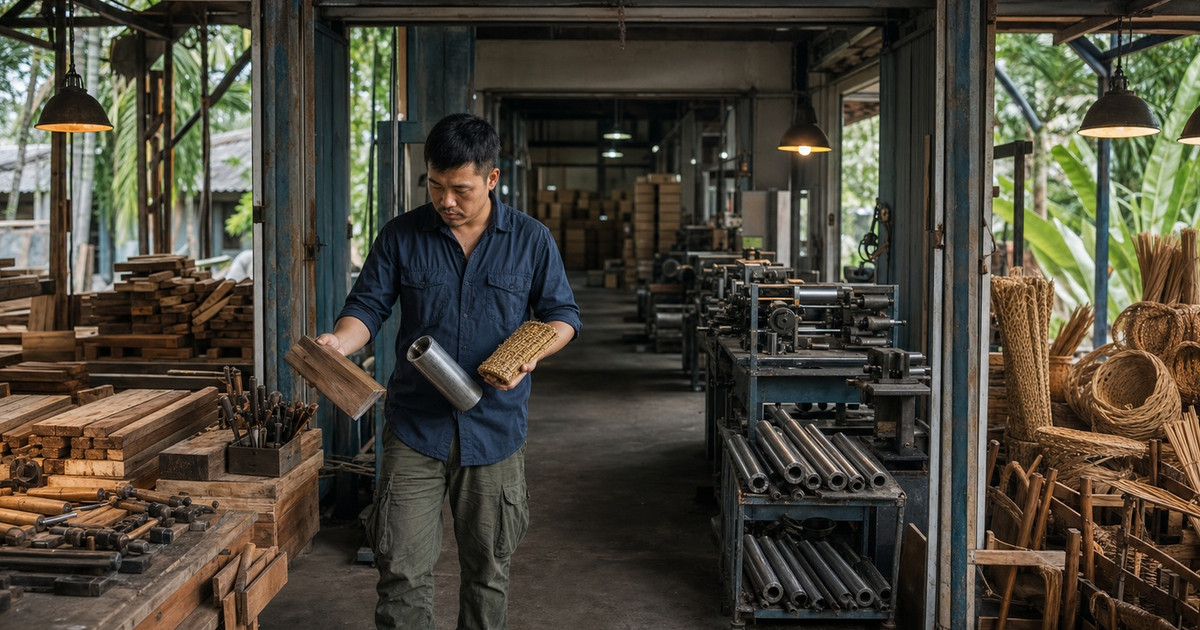 Sourcing specialist comparing real product samples across a Vietnam manufacturing workshop