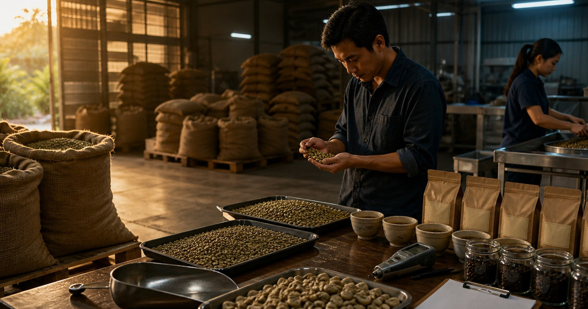 Coffee sourcing specialist inspecting green beans and sample bags in a Vietnam processing workshop.