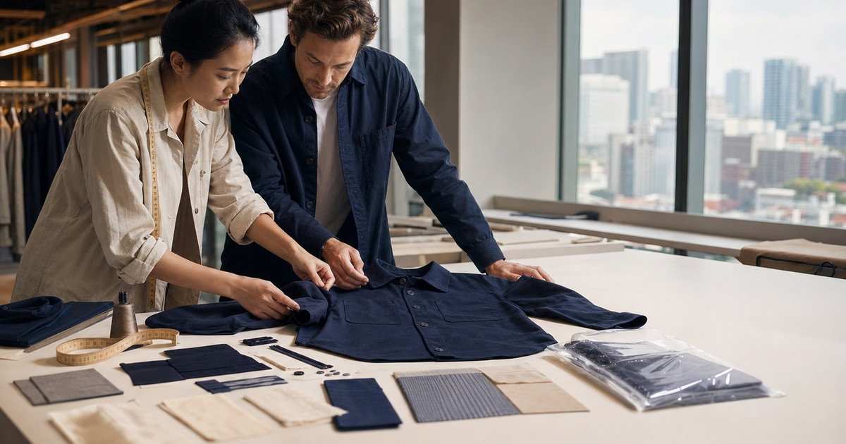 Vietnam apparel sourcing checklist review with a garment sample, fabric swatches, and measuring tools