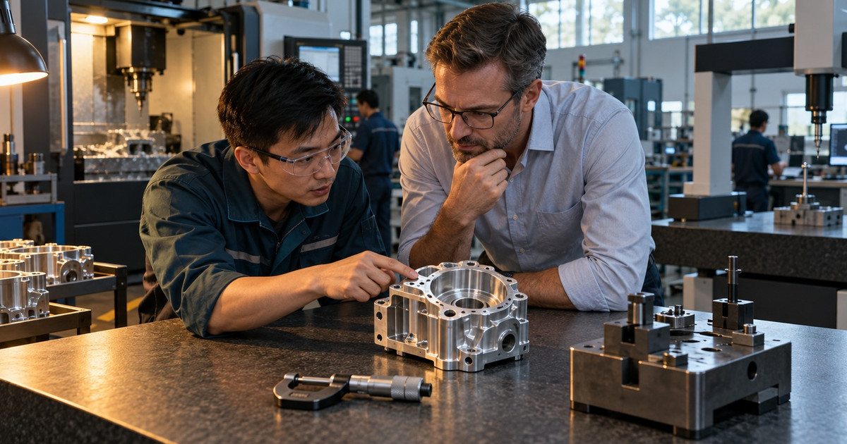 Two professionals examining a precision-machined metal housing in a modern machine shop
