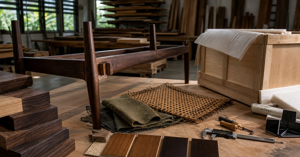 Furniture samples, joinery, inspection tools, and export packaging in a Vietnam workshop