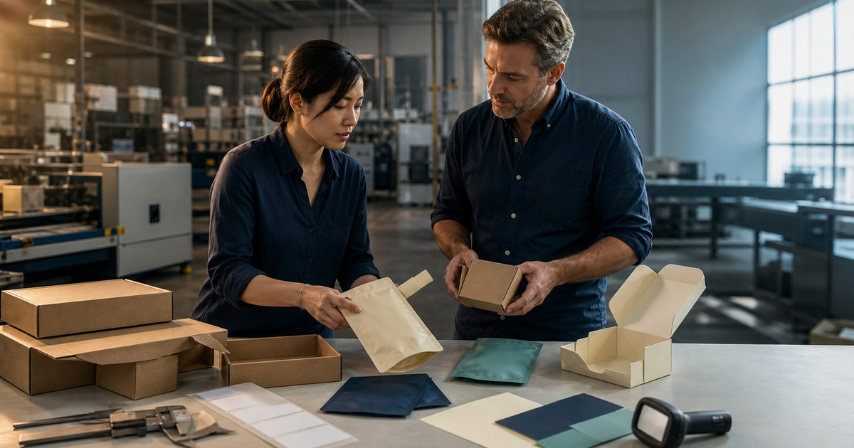 Buyer and packaging specialist reviewing cartons, labels, and pouch samples at a Vietnam factory