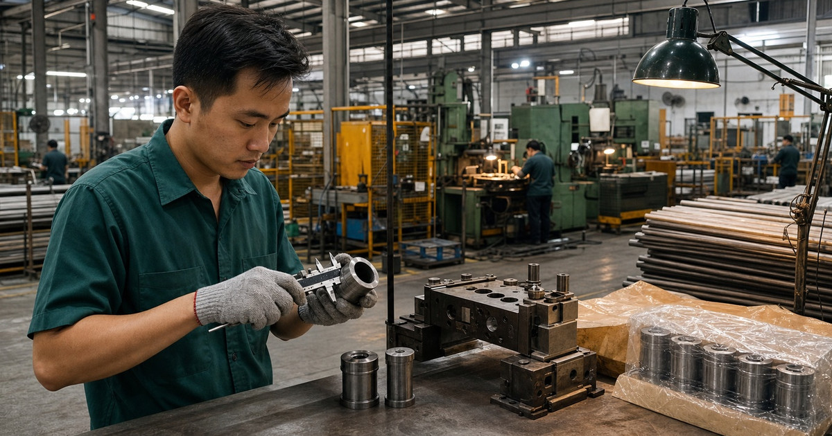 Sourcing specialist inspecting a product sample on a Vietnam factory floor